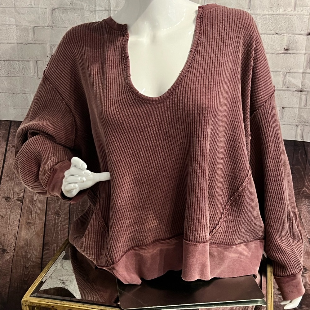 Free People Waffle Knit Thermal Scoop Neck Drapey Top Sz S